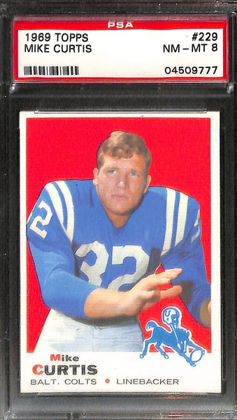 (4) Graded Football Cards - 1969 Topps Curtis PSA 8, 1970 Topps Super Glossy Namath & Griese (PSA 7),  1972 Unitas PSA 7