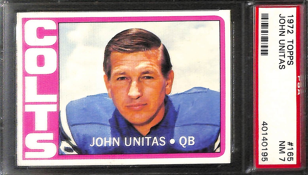 (4) Graded Football Cards - 1969 Topps Curtis PSA 8, 1970 Topps Super Glossy Namath & Griese (PSA 7),  1972 Unitas PSA 7