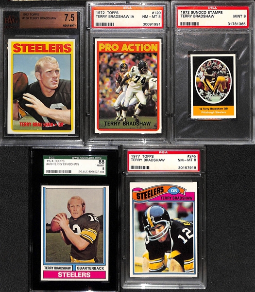 (5) High-Grade Terry Bradshaw Lot - 1972 BVG 7.5, 1972 IA PSA 8, 1972 Sunoco PSA 9, 1974 SGC 8, 1977 PSA 8