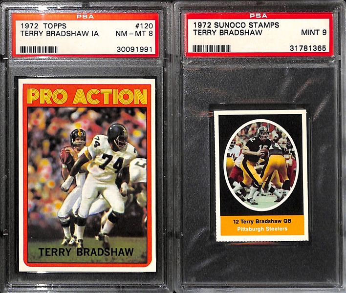 (5) High-Grade Terry Bradshaw Lot - 1972 BVG 7.5, 1972 IA PSA 8, 1972 Sunoco PSA 9, 1974 SGC 8, 1977 PSA 8