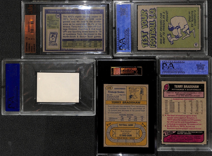 (5) High-Grade Terry Bradshaw Lot - 1972 BVG 7.5, 1972 IA PSA 8, 1972 Sunoco PSA 9, 1974 SGC 8, 1977 PSA 8