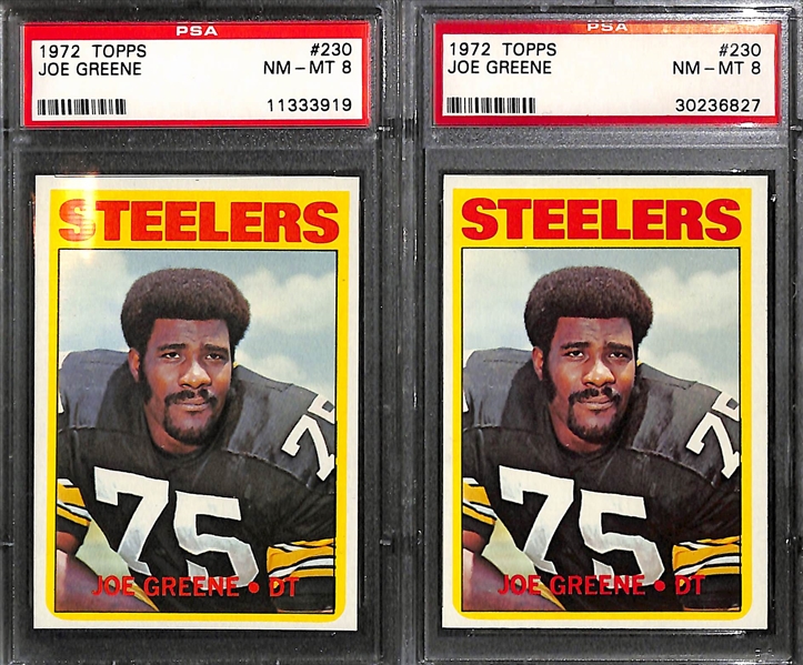 (5) Steelers Graded Lot - (2) 1972 Joe Greene PSA 8, 1976 Wonder Bread F. Harris & Ham (Both PSA 9), and 1980 Stop N' Go Greene PSA 9
