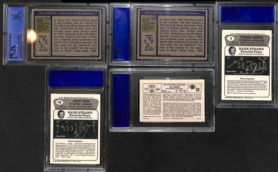 (5) Steelers Graded Lot - (2) 1972 Joe Greene PSA 8, 1976 Wonder Bread F. Harris & Ham (Both PSA 9), and 1980 Stop N' Go Greene PSA 9