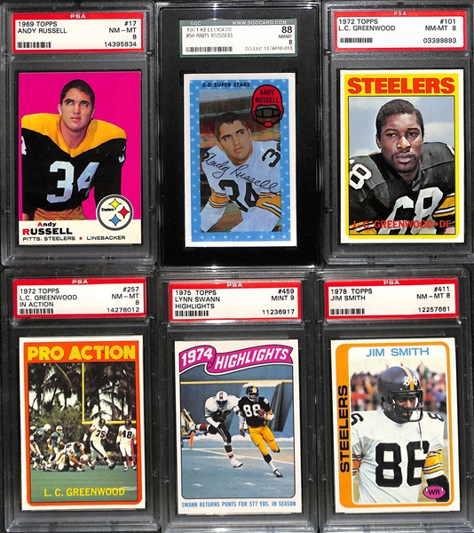 (6) Steelers Graded Lot - 1969 Russell PSA 8, 1971 Kellogg's Russell PSA 8, (2) 1972 Greenwood Cards (Both PSA 8), 1975 Swann HL PSA 9, 1978 J. Smith PSA 8