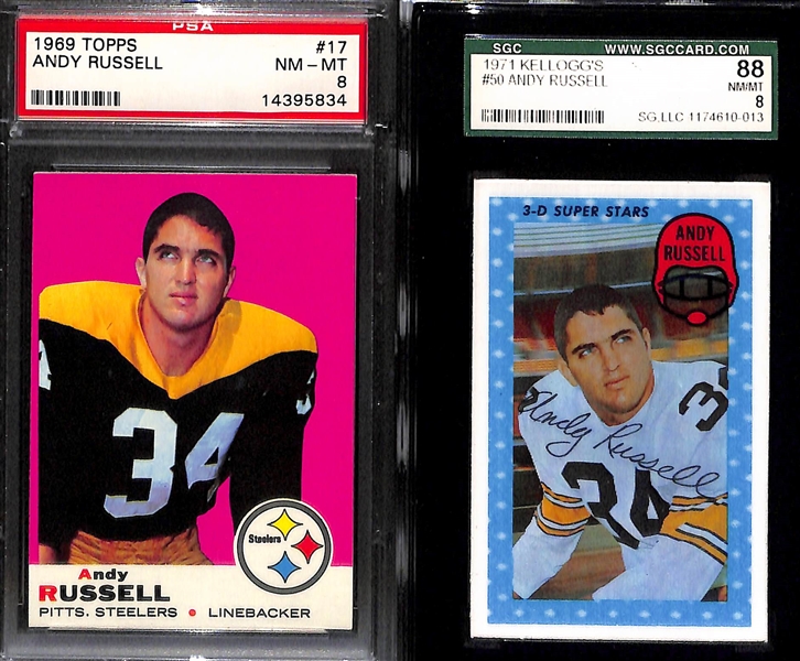 (6) Steelers Graded Lot - 1969 Russell PSA 8, 1971 Kellogg's Russell PSA 8, (2) 1972 Greenwood Cards (Both PSA 8), 1975 Swann HL PSA 9, 1978 J. Smith PSA 8