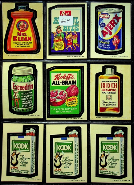 Lot of Assorted 1973-74 Topps Wacky Packages from Series 1-8 - 224 Stickers & 43 Checklists