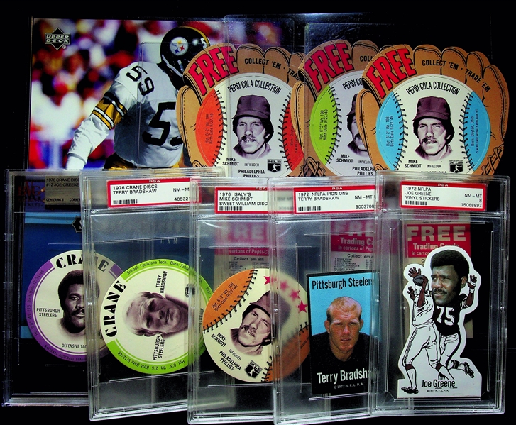 Nice Lot - Jack Ham Signed 8x10, 1972 Bradshaw Iron-On PSA 8, 1972 NFLPA Joe Greene Vinyl Sticker PSA 8,  Bradshaw/Greene Graded Crane Disks, 4 Mike Schmidt Disks (3 Complete Pepsi-Cola and PSA 8...