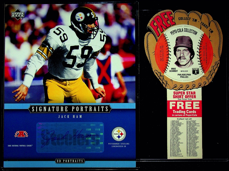 Nice Lot - Jack Ham Signed 8x10, 1972 Bradshaw Iron-On PSA 8, 1972 NFLPA Joe Greene Vinyl Sticker PSA 8,  Bradshaw/Greene Graded Crane Disks, 4 Mike Schmidt Disks (3 Complete Pepsi-Cola and PSA 8...