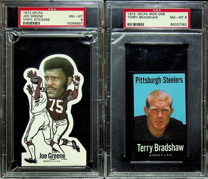 Nice Lot - Jack Ham Signed 8x10, 1972 Bradshaw Iron-On PSA 8, 1972 NFLPA Joe Greene Vinyl Sticker PSA 8,  Bradshaw/Greene Graded Crane Disks, 4 Mike Schmidt Disks (3 Complete Pepsi-Cola and PSA 8...