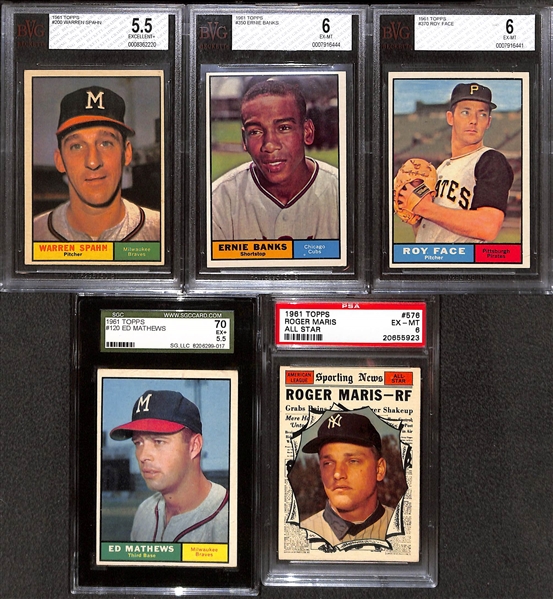 1961 Topps Baseball Near Complete Set (537 of 587 Cards) w. 5 PSA Graded Cards - Maris All Star PSA 6