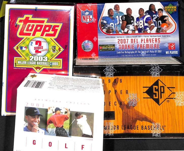 Lot of (4) Assorted Sport Sealed Boxes - 2001 Upper Deck Premier Golf, 2007 NFL Players Rookie Premier, 2003 Topps Baseball Series 2 Hobby Box & 1996 SP Baseball 