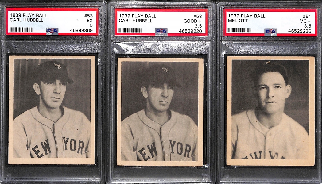 Lot of (3) Graded 1939 Play Ball Cards - Mel Ott PSA 3.5 and (2) Carl Hubbell Cards (PSA 5 and PSA 2.5)