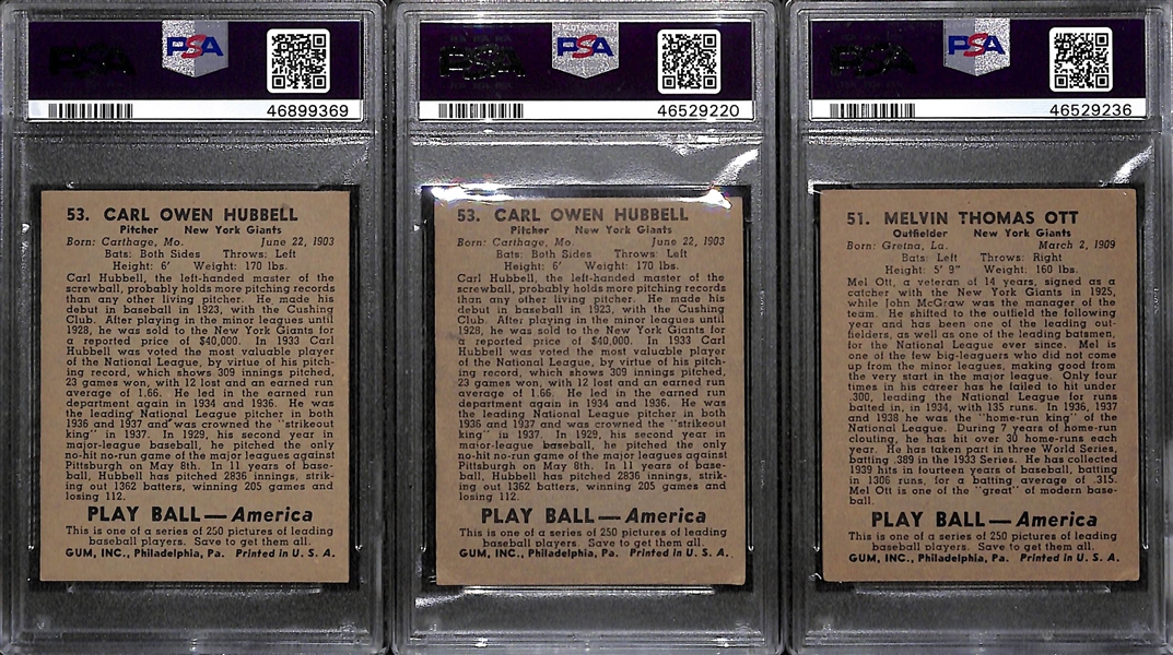 Lot of (3) Graded 1939 Play Ball Cards - Mel Ott PSA 3.5 and (2) Carl Hubbell Cards (PSA 5 and PSA 2.5)