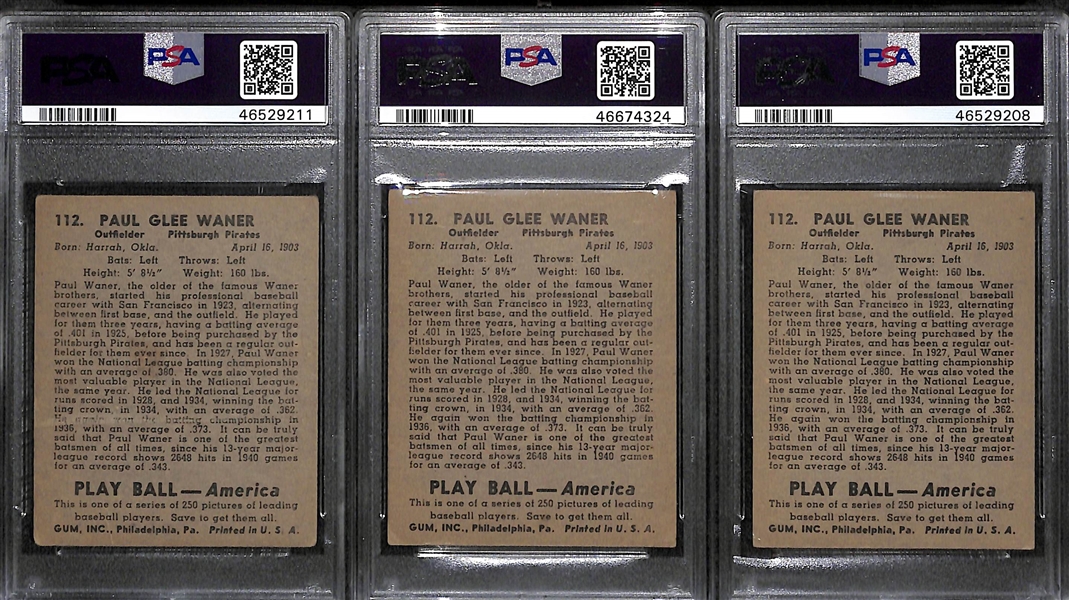 Lot of (3) Paul Waner Graded 1939 Play Ball Cards (PSA 2.5, PSA 3, and PSA 3.5)