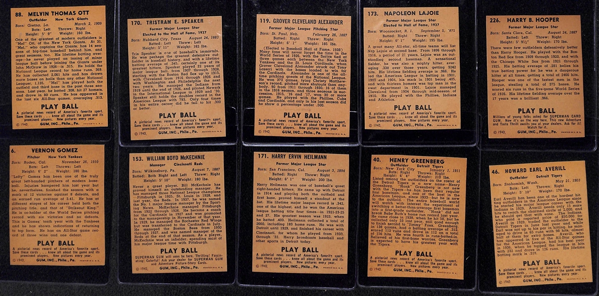 Lot of (10) Authentic/Trimmed HOFer 1940 Play Ball Cards - Ott, Speaker, Alexander, Lajoie, Greenberg, Averill, Hooper, Gomez, McKechnie, Heilmann