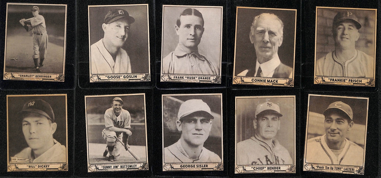 Lot of (10) Authentic/Trimmed HOFer 1940 Play Ball Cards - Gehringer, Goslin, Chance, Mack, Frisch, Dickey, Bottomley, Sisler, Bender, Lazzeri