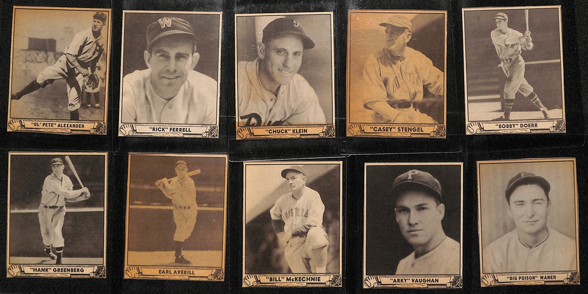 Lot of (10) Authentic/Trimmed HOFer 1940 Play Ball Cards - Alexander, Ferrell, Klein, Stengel, Doerr, Greenberg, Averill, McKechnie, Vaughan, Paul Waner