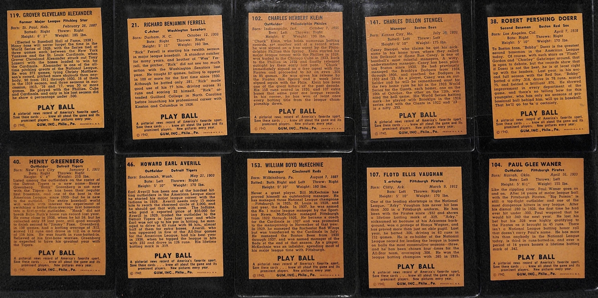 Lot of (10) Authentic/Trimmed HOFer 1940 Play Ball Cards - Alexander, Ferrell, Klein, Stengel, Doerr, Greenberg, Averill, McKechnie, Vaughan, Paul Waner