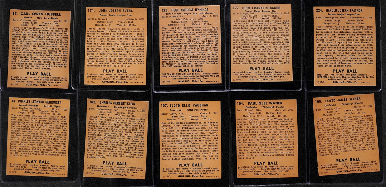 Lot of (10) Authentic/Trimmed HOFer 1940 Play Ball Cards - Hubbell, Evers, Jennings, Traynor, Baker, Gehringer, Klein, Vaughan, Lloyd Waner, Paul Waner