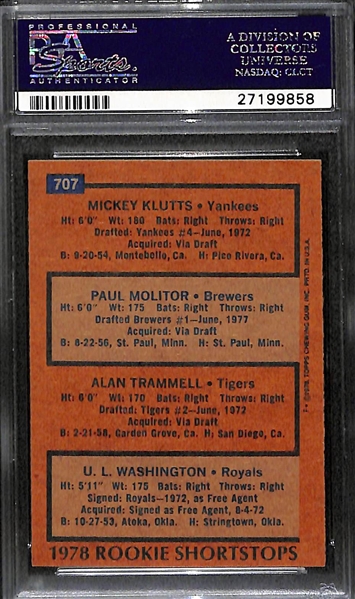 1978 Topps Paul Molitor (HOF) & Alan Trammell Rookie Card #707 - Graded PSA 9