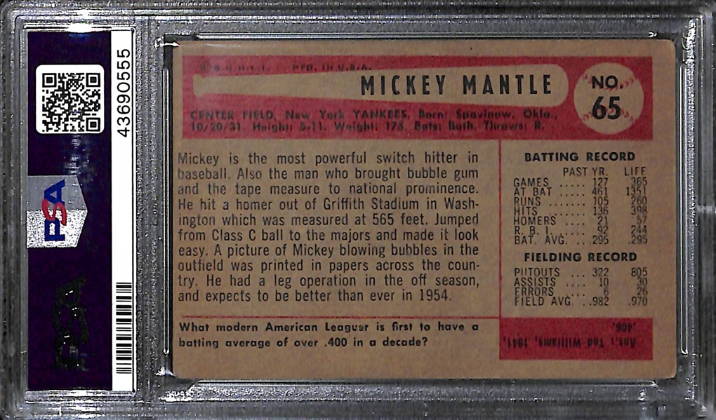 1954 Bowman Mickey Mantle #65 Graded PSA 3.5