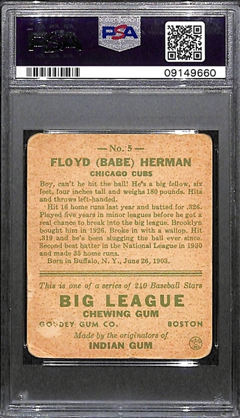 Signed 1933 Goudey Babe Herman #5 Graded PSA Authentic (Auto Grade 9), d. 1987