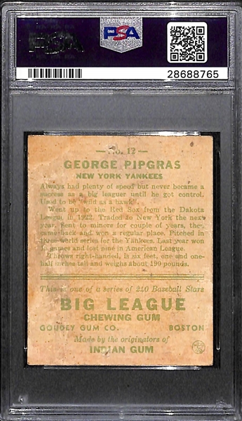 Signed 1933 Goudey George Pipgras #12 Graded PSA Authentic (Auto Grade 6), d. 1986 (Player & Umpire!)