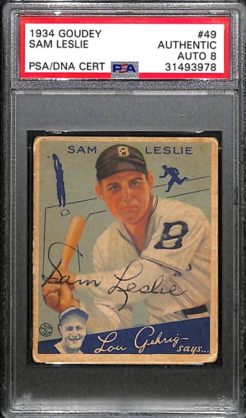 Signed 1933 Goudey Sam Leslie #49 Graded PSA Authentic (Auto Grade 8), d. 1979