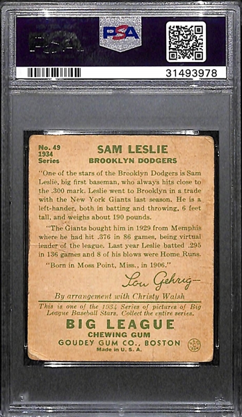 Signed 1933 Goudey Sam Leslie #49 Graded PSA Authentic (Auto Grade 8), d. 1979