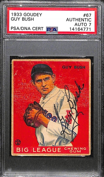 Signed 1933 Goudey Guy Bush #67 Graded PSA Authentic (Auto Grade 7), d. 1985