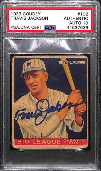 Signed 1933 Goudey Travis Jackson (HOF) #102 Graded PSA Authentic (Auto Grade 10), d. 1987