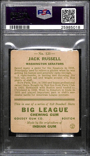 Signed 1933 Goudey Jack Russell #123 Graded PSA Authentic (Auto Grade 9), d. 1990