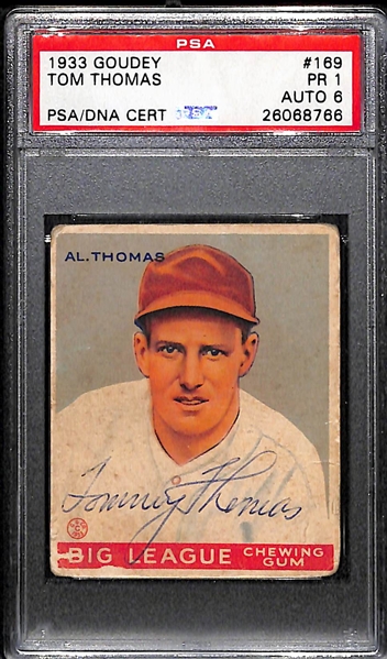 Signed 1933 Goudey Tommy Thomas #169 Graded PSA 1 (Auto Grade 6), d. 1988