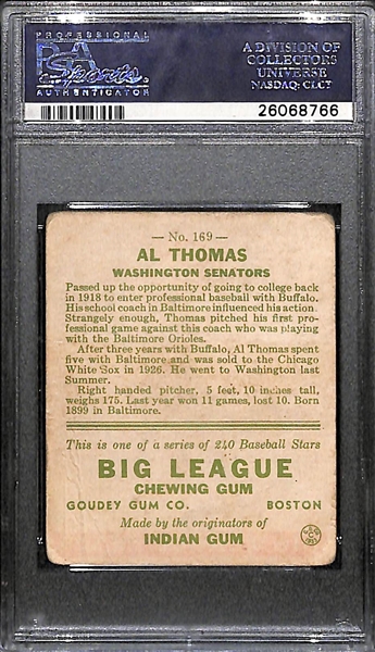 Signed 1933 Goudey Tommy Thomas #169 Graded PSA 1 (Auto Grade 6), d. 1988