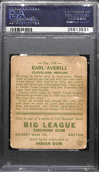 Signed 1933 Goudey Earl Averill (HOF) #194 Graded PSA 1 (Auto Grade 9), d. 1983