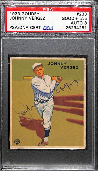Signed 1933 Goudey Johnny Vergez #233 Graded PSA 2.5 (Auto Grade 8), d. 1991