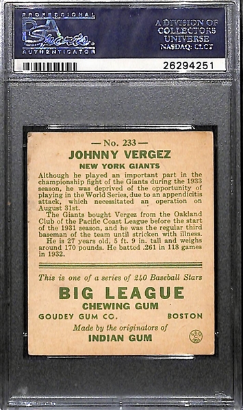 Signed 1933 Goudey Johnny Vergez #233 Graded PSA 2.5 (Auto Grade 8), d. 1991