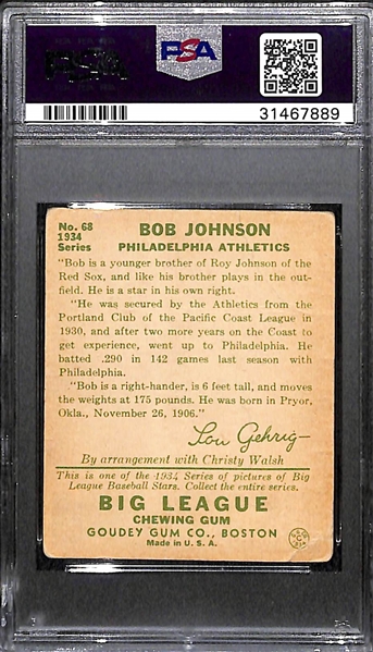 Signed 1934 Goudey Indian Bob Johnson #68 Graded PSA Authentic (Auto Grade 8), d. 1982