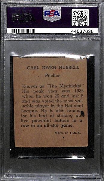 Signed 1943 R302-1 MP & Co. Carl Hubbell (HOF) Graded PSA Authentic (Auto Grade 10), d. 1988