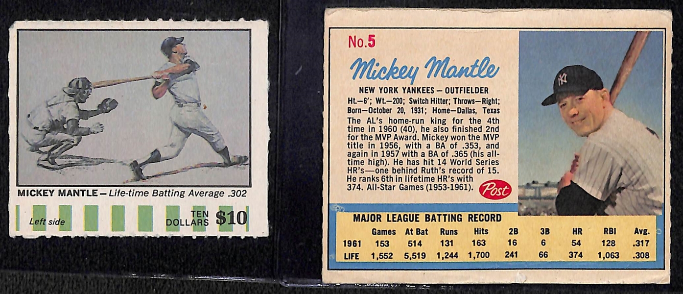 1968 American Oil Mickey Mantle & 1962 Post Mickey Mantle (From Life Magazine - Has Glue and Paper Residue on Back)