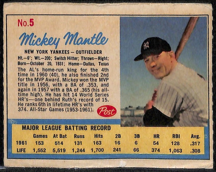 1968 American Oil Mickey Mantle & 1962 Post Mickey Mantle (From Life Magazine - Has Glue and Paper Residue on Back)