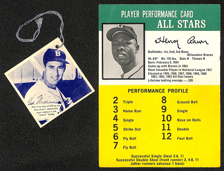 1957 Ted Williams Jimmy Fund Glove Tag Card and Rare 1964 Hasbron Hank Aaron Challenge the Yankees Card