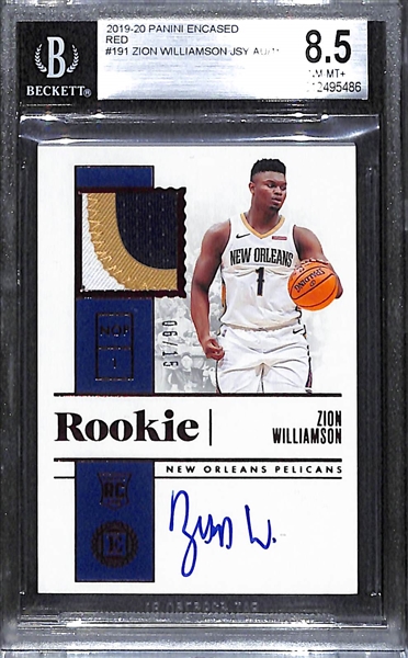 2019-20 Panini Encased Zion Williamson Autographed Rookie Patch Red #6/15 Graded BGS 8.5