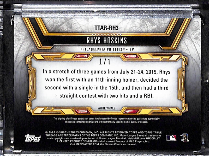 2020 Topps Triple Threads Rhys Hoskins White Whale Printing Plate (#1/1) w. Jersey Patch and Bat Relics 