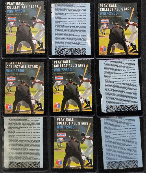 Lot of (9) 1968 Atlantic Oil Play Ball Contest Cards w. Hank Aaron and Maury Wills