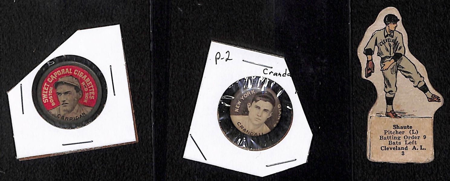 Lot of (3) Early 1900s Baseball Items - 1910-12 Sweet Caporal Pin Crandall, 1909-12 Domino Discs Bill Carrigan 1921-30 Die Cut Shaute