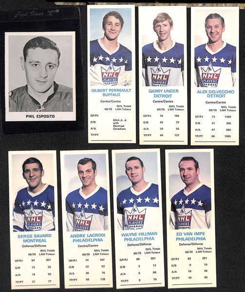 (8) Hockey Cards w. 1965-66 Coca Cola Phil Esposito Rookie & (7) 1970-71 Dad's Cookies (Gilbert Perreault Rookie, Delvecchio, Savard, Unger, Van Impe, +)
