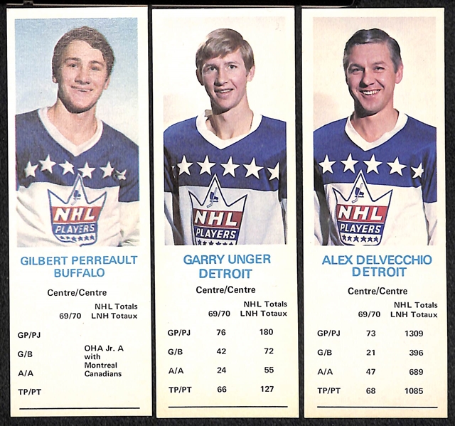 (8) Hockey Cards w. 1965-66 Coca Cola Phil Esposito Rookie & (7) 1970-71 Dad's Cookies (Gilbert Perreault Rookie, Delvecchio, Savard, Unger, Van Impe, +)