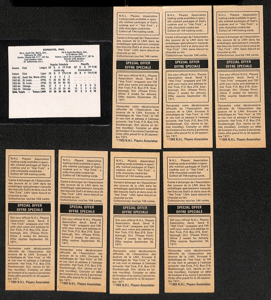 (8) Hockey Cards w. 1965-66 Coca Cola Phil Esposito Rookie & (7) 1970-71 Dad's Cookies (Gilbert Perreault Rookie, Delvecchio, Savard, Unger, Van Impe, +)