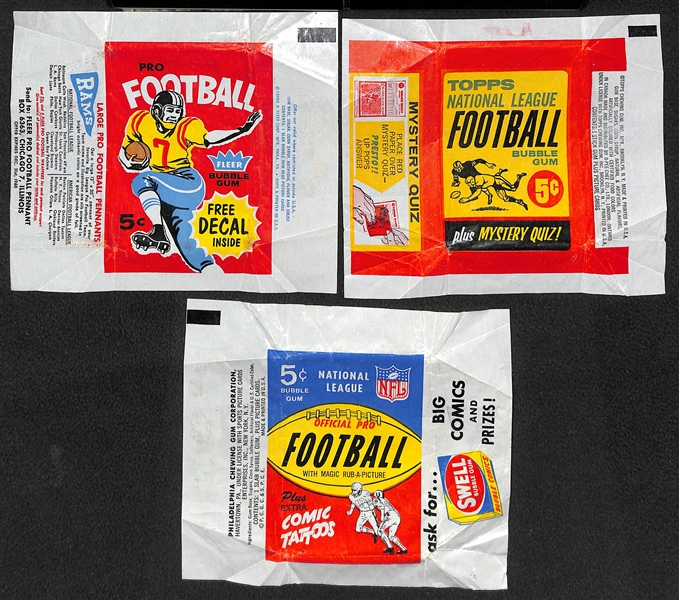 Lot of 3 Football Wax Pack Wrappers - 1960 Fleer, 1963 Topps, 1965 Philadelphia